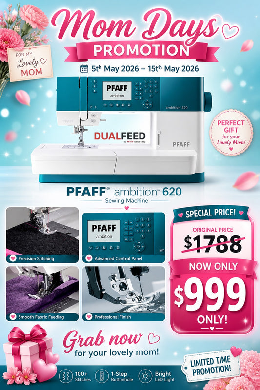 Promotional advertisement for a PFAFF ambition 620 sewing machine with special pricing and features.